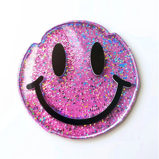 Holographic glitter pink smiley face sticker, white background