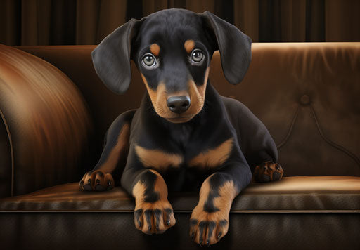 Black and tan doberman puppy on a sofa