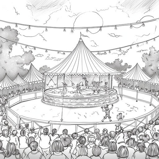 Busy circus with performers and excited audience