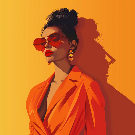 Realistic fashion clipart on a sunset orange background, highlighting bold shadows and vibrant detailing