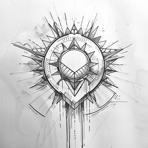 Flat tattoo sketch of a rising sun with geometric patterns in bold black outline