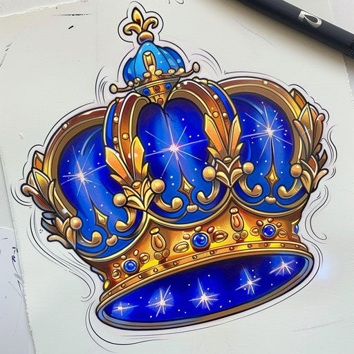 Flat tattoo sketch of a neon crown with royal blue and gold light effects