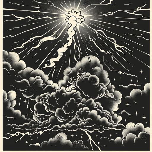 Dramatic flat tattoo sketch of a storm with dark clouds and white lightning flashes