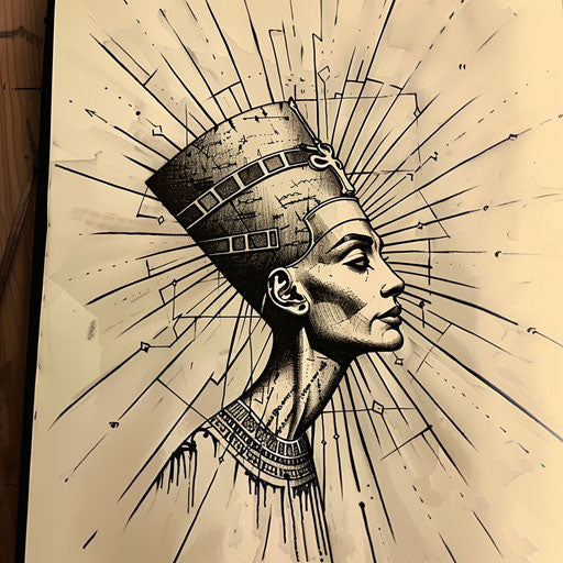 Flat and energetic tattoo sketch of Nefertiti with sunbeams
