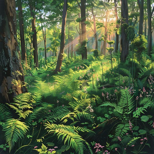 Sunlit forest clearing with ferns and wild orchids