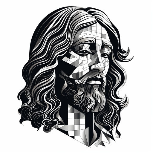 Black and white image of Jesus' head, graphic design style