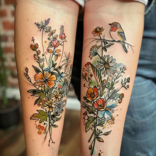 Mother son tattoos with floral designs, inspired by Maria Sibylla Merian