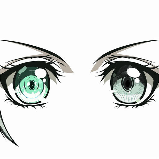 Two anime eyes in dark gray and light green on white background