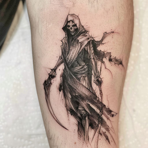 Grim reaper with scythe, dark tattoo on bright white background