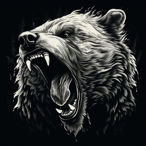 Detailed black and white illustration featuring roaring bear's mouth
