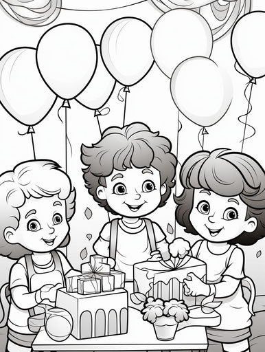 Kids' birthday party with balloons coloring pages