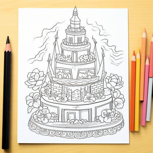 Happy birthday coloring page with cake, Khmer art style
