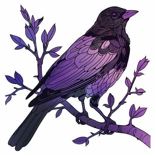 Blackbird tattoo sketch in flat style with ombre effect from dark purple to light lavender