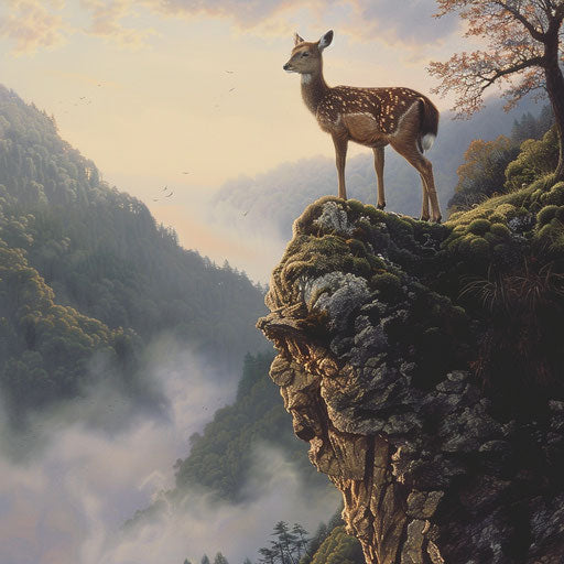 Yezo sika deer gazing over foggy valley at dawn