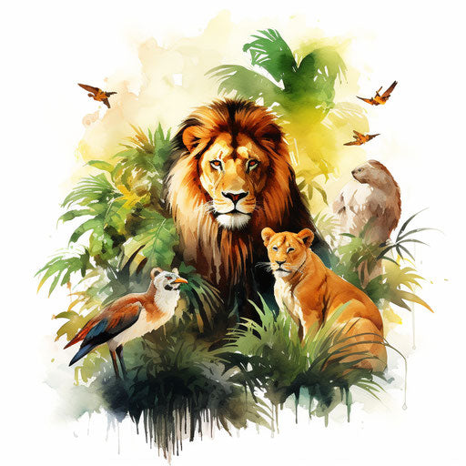 Jungle animals clipart in the style of Oil painting, on a white background