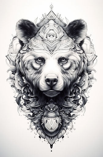 Dark ornate bear drawing, organic monochrome style