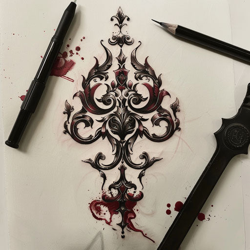 Flat tattoo sketch of a gothic style black clover with baroque ornamental details in deep red