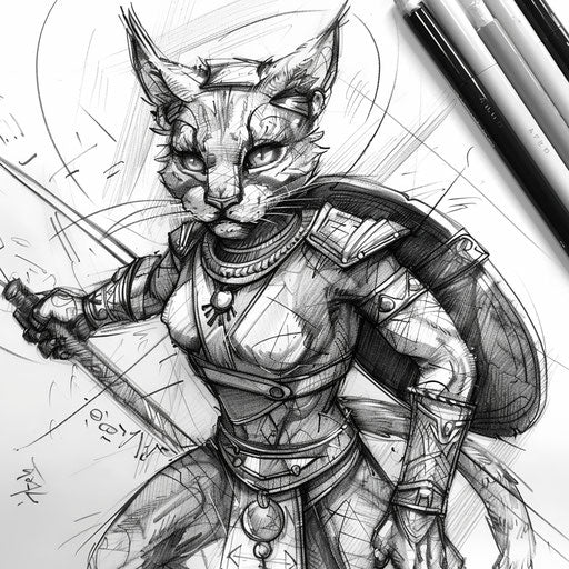 Dynamic flat tattoo sketch of Bastet in battle with a spear and shield