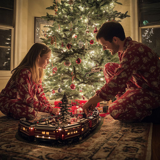 Couple in pajamas sets up new train around Christmas tree