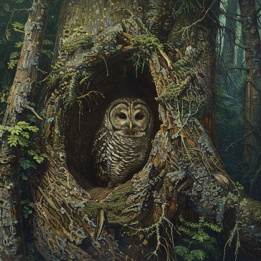 Northern spotted owl in ancient tree hollow