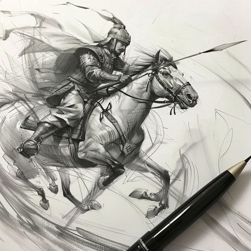 Chinese warrior on horseback in dynamic motion, tattoo sketch on white board