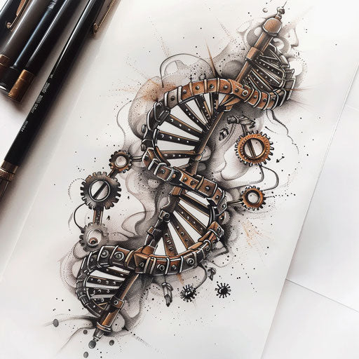 Steampunk DNA tattoo sketch with gears and bronze elements