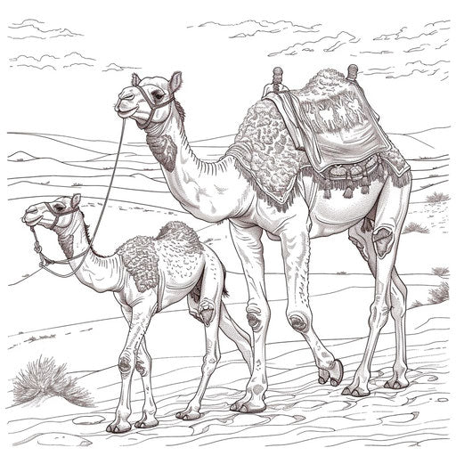 A camel mother and her calf walking side by side in the desert. Coloring book page