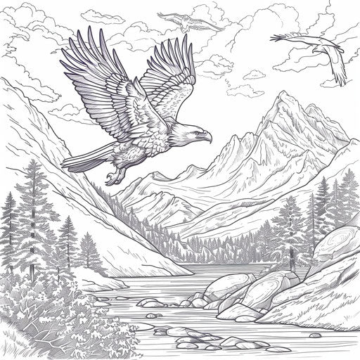 Eagle flying over lake and mountains, detailed scene, coloring book