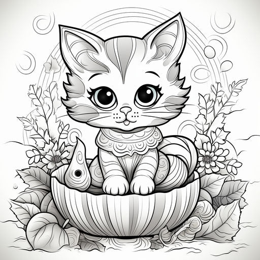 Sitting kitty coloring pumpkin in accurate detailed style