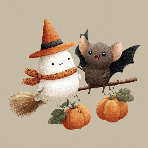 A charming scene with a ghost and a playful bat