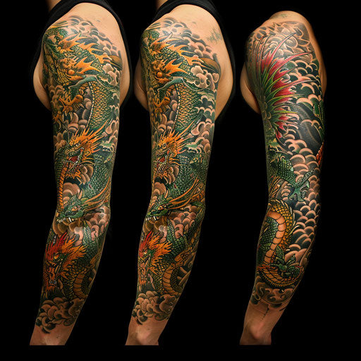 Sleeve tattoo with dragon and phoenix