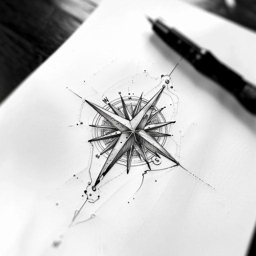 Elegant tattoo sketch featuring a compass rose in minimalist black and white clipart style