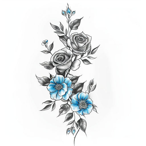 Floral tattoo with roses and forget-me-nots, love and memory