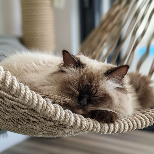 Himalayan cat lounging in a hammock with a cute sleepy face