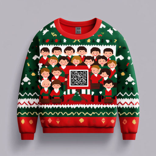 A tech-savvy ugly sweater with QR code revealing singing animated elves choir