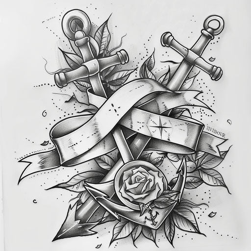 Sketch a nautical ribbon tattoo with anchors and compass roses