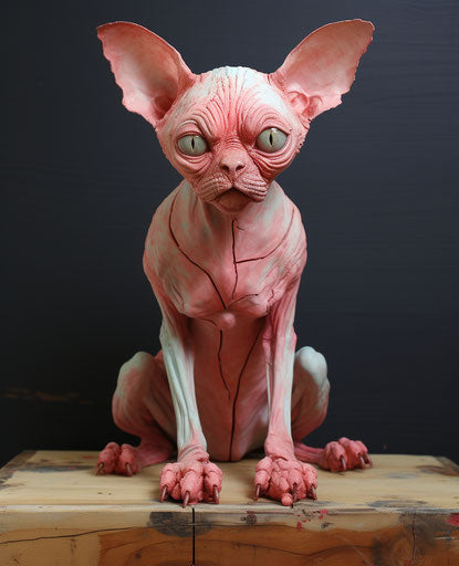 Sphyl cat sitting on a wooden table, sci-fi realism style