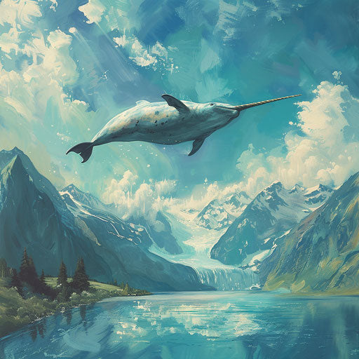 A narwhal's dream: flying through the sky above mountains and lakes