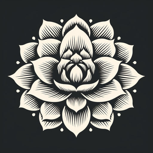 Vector illustration of a lotus flower tattoo in black and white, in the style of Jon McNaught, wood engraving