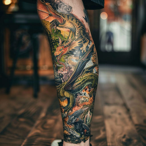 Surreal leg sleeve tattoo with mythical creatures