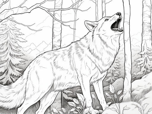 Black and white wolf howling in coloring book pages in naïve drawing style, red and amber, anemoiacore 4:3