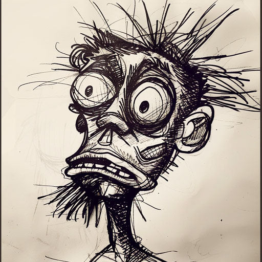 Stylized shrunken head with bold facial features