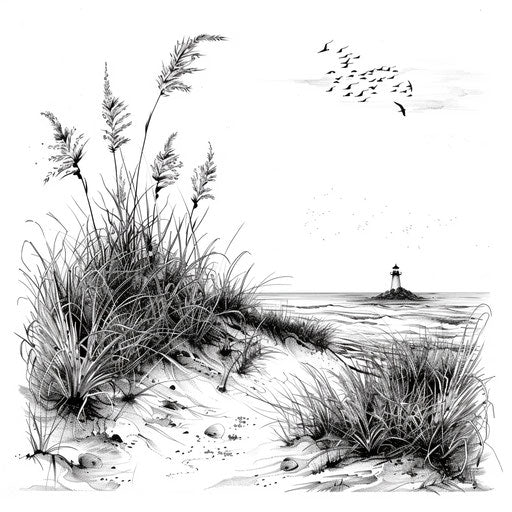 Beach tattoo design with dunes, sea oats, and distant lighthouse