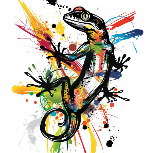 Dynamic flat tattoo sketch of a gecko leaping with energetic splashes of color