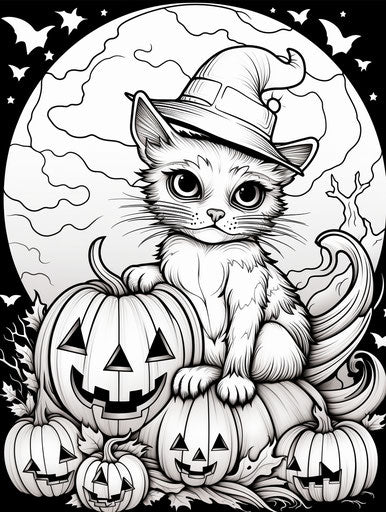 Cat on pumpkins, witch hat, moonlit sky coloring book, rtx style, haunting figuratism 3:4