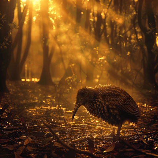 Kiwi bird in the golden light of a forest evening