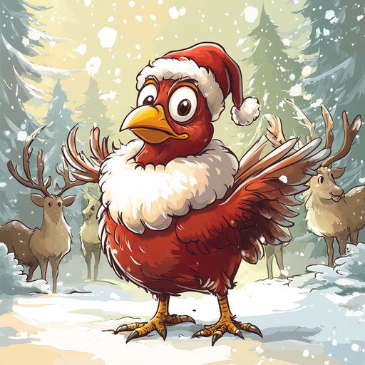 Cartoon turkey in Santa costume blending in with reindeer