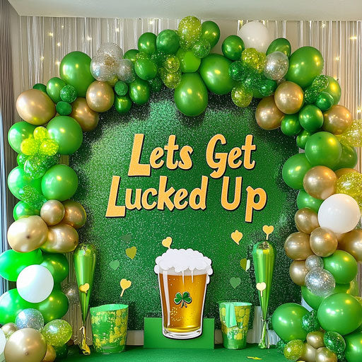 St. Patrick's Day party decorations, rainbow arch backdrop wall mural, green tents, white glowsticks, giant prop of a beer cup, balloons, gold metallic accents, festive atmosphere
