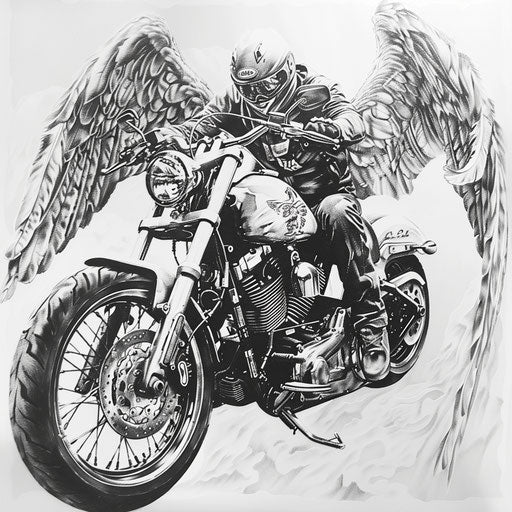 Hyper-realistic tattoo of Archangel Michael with detailed motorcycle