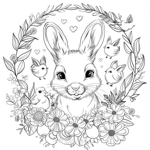 A joyful Easter bunny surrounded by a circle of flowers and happy chicks.